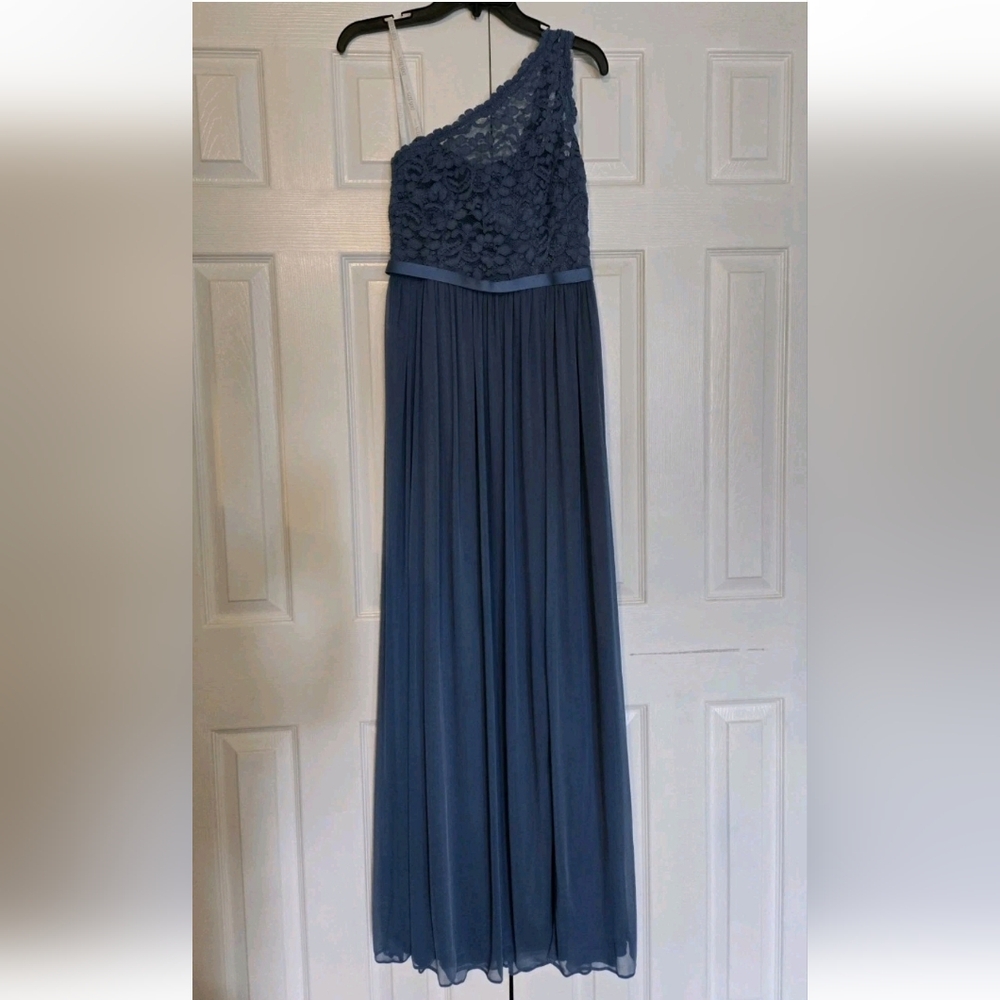 David's Bridal Steel Blue One Shoulder Bridesmaid Dress Size 8 NWT